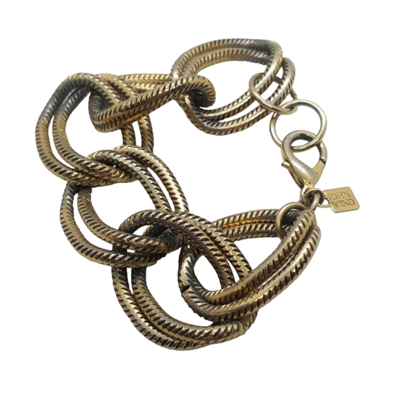 JOHN WIND DESIGNER RETIRED GOLDTONED DOUBLE HOLLOW LINK CHAIN BRACELET - Picture 5 of 9